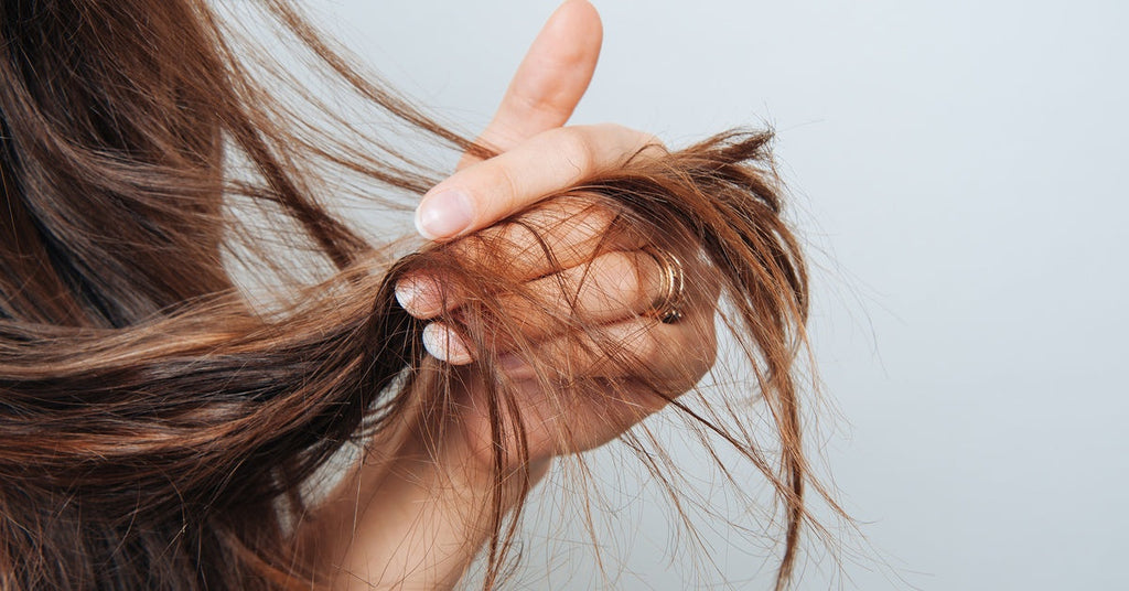 A woman's hand holding the ends of her highlighted brunette hair between each finger. The ends seem damaged.